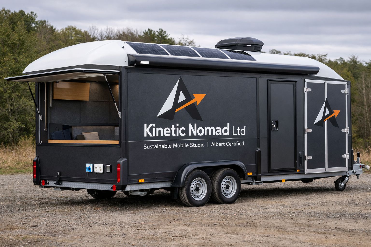 Kinetic Nomad Unit 01 — matte black box trailer with roof solar and the side hatch open, parked at the edge of woodland